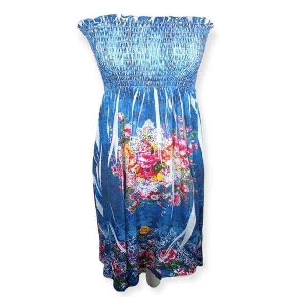 BLUE & PINK FLORAL STRAPLESS DRESS SZ.S/M EUC. - Picture 1 of 5